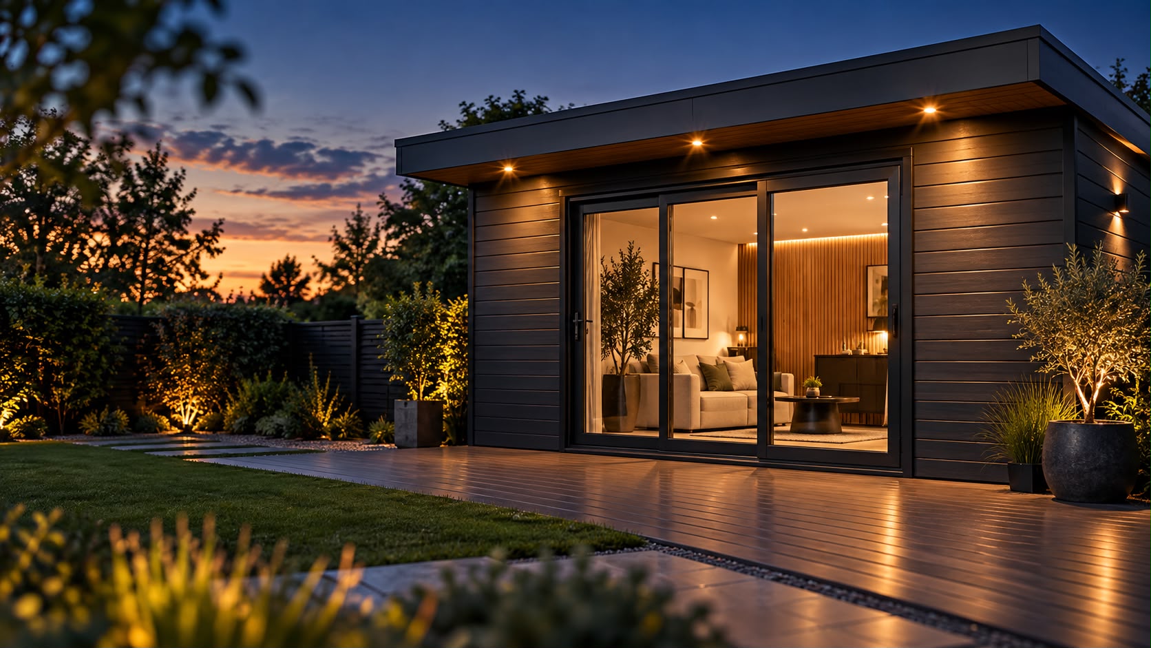 Ashwood composite garden room with deck in an Irish garden